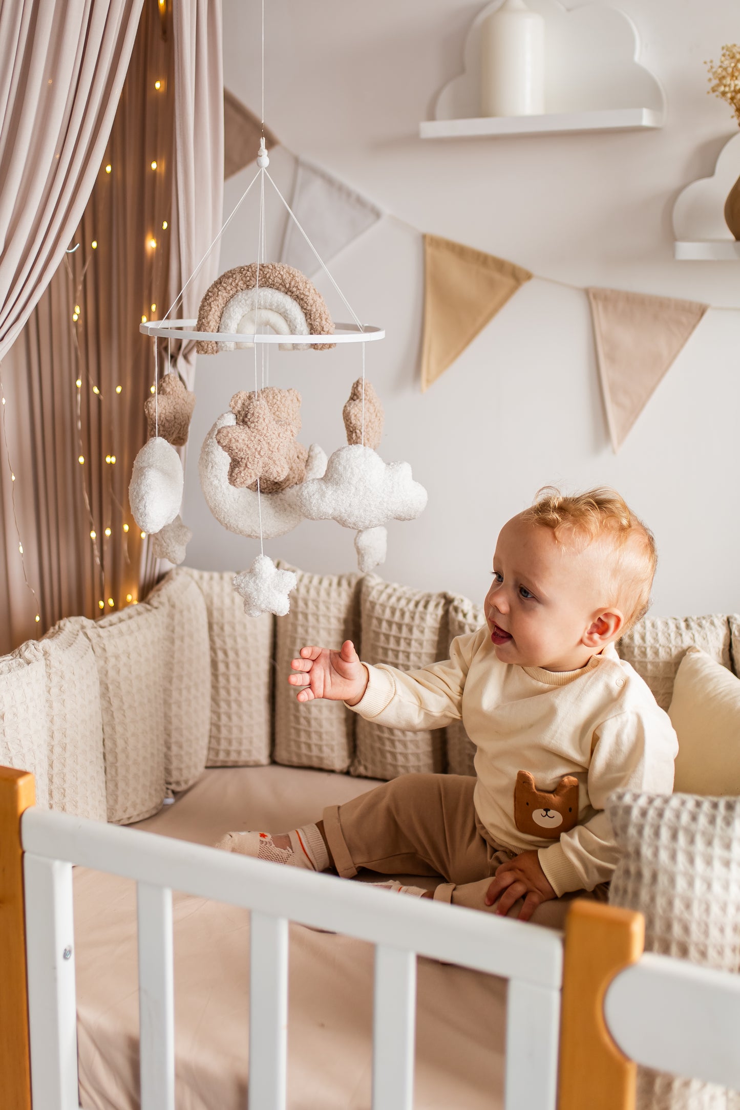 Bear baby mobile boucle stars clouds nursery decor