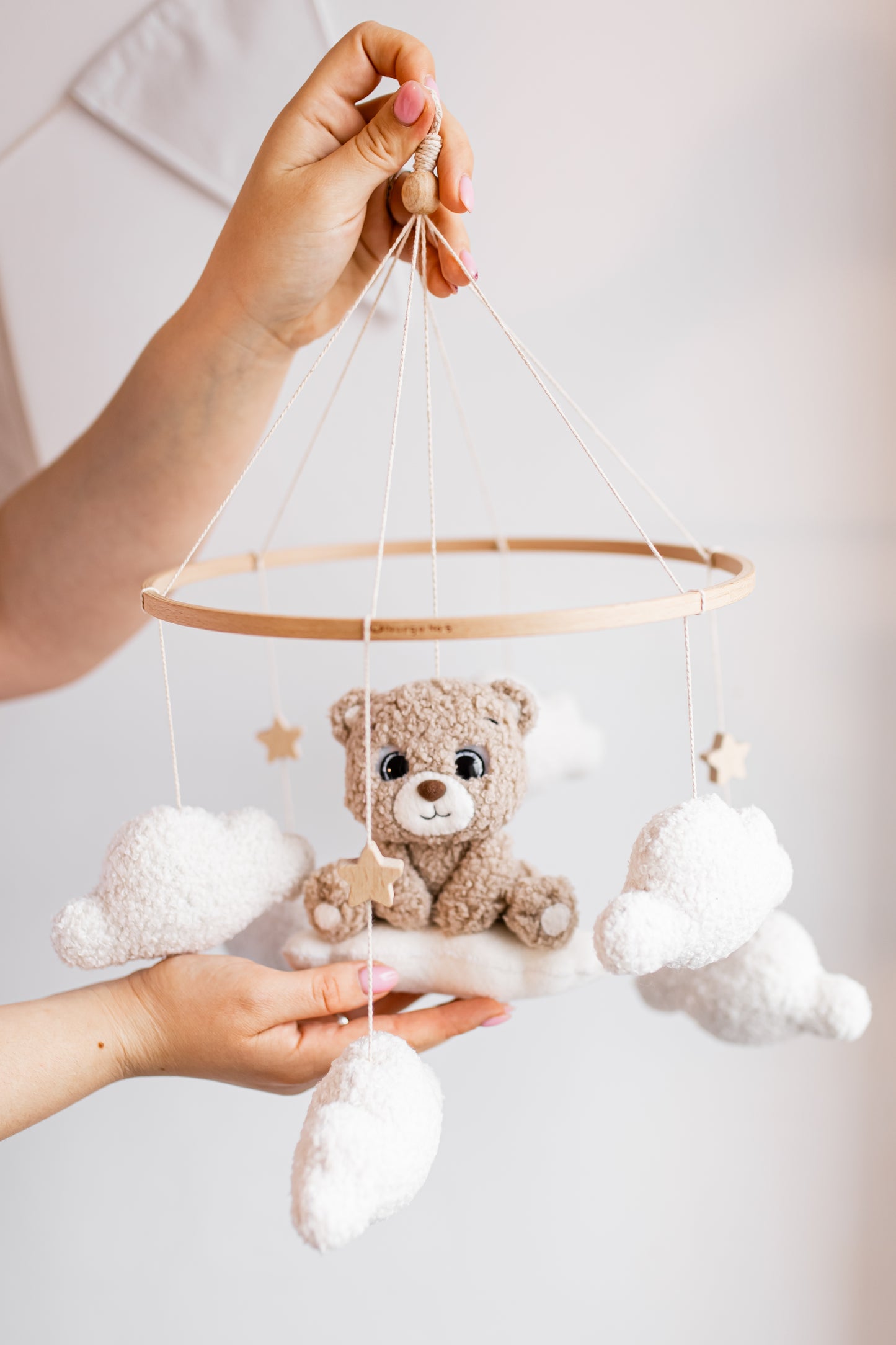 Cute Bear baby mobile boucle stars clouds nursery decor