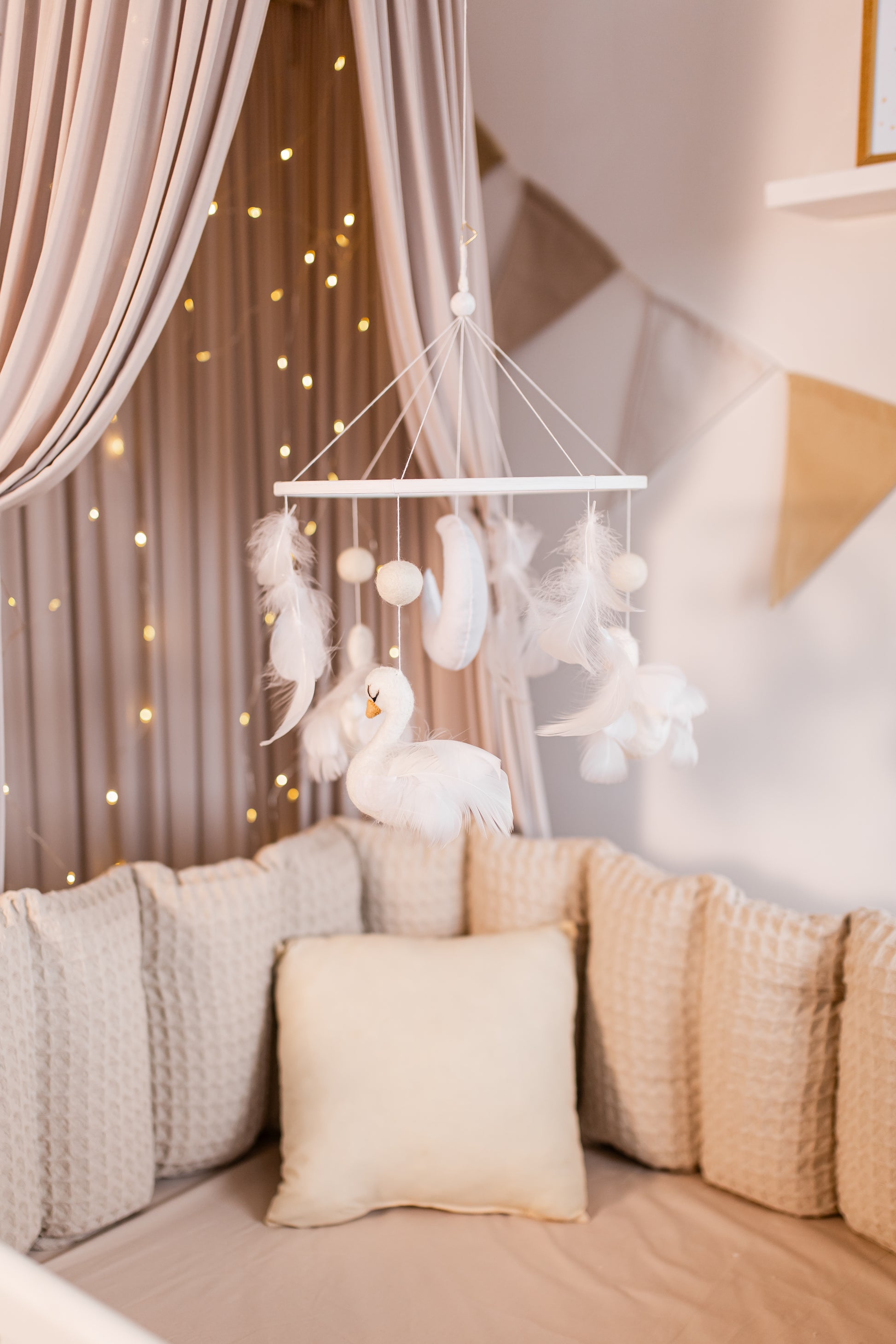 Handmade boucle swan nursery mobile for calming decor